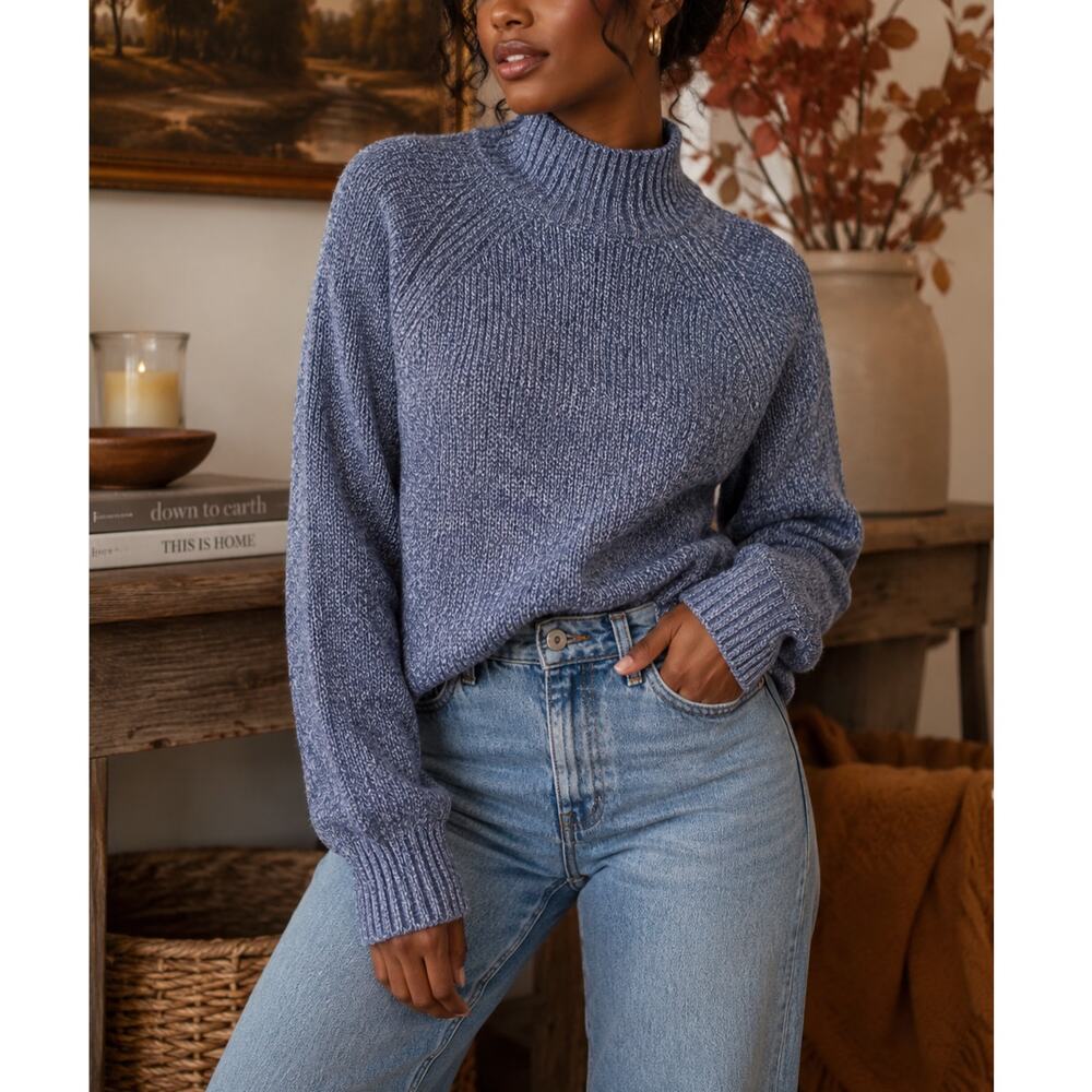 Aerie "Hits The Spot" Blue Marled Ribbed Mock Neck Knit Oversized Sweater